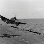 A U.S. Navy Curtiss SB2C-1 Helldiver of Bombing Squadron 17 (VB-17) during flight operations on the aircraft carrier USS Bunker Hill (CV-17) in 1943. (U.S. Navy Photograph.)