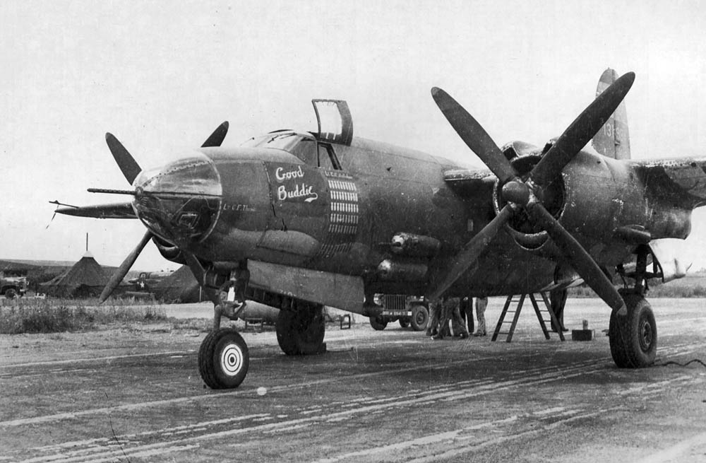 B-26 Marauder "Good Buddie" of the 554th Bombardment Squadron, 386th Bombardment Group in 1943 at RAF Boxted, Essex. (U.S. Air Force Photograph.)