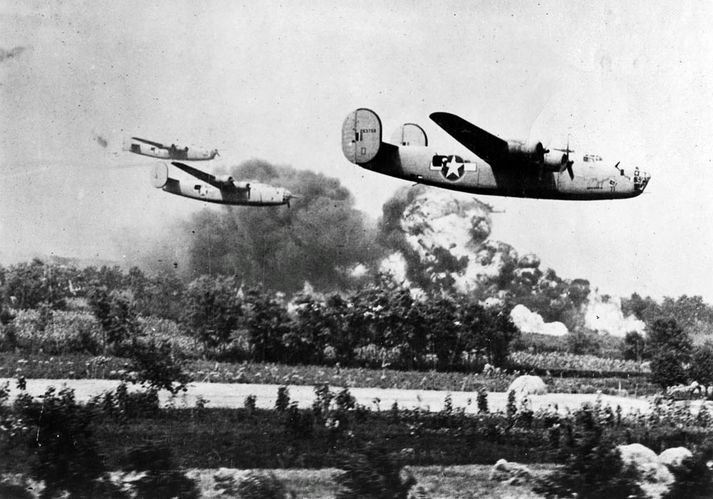 B-24 Liberators of the 98th Bomb Group fly a low-level bombing mission against the oil refineries around Ploesti, Romania in August 1943. (U.S. Air Force Photograph.)