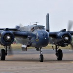 A B-25, piloted by Beth Jenkins, taxis in after performing at the Wings Over Tyler Air Show at the Tyler Pound Regional Airport in Tyler, Texas, June 3, 2011.