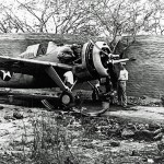 Brewster F2A-3 Buffalo fighter from Marine Fighting Squadron 212 (VMF-212) parked in a camouflaged revetment at Marine Corps Air Station Ewa, Hawaii in April 1942.