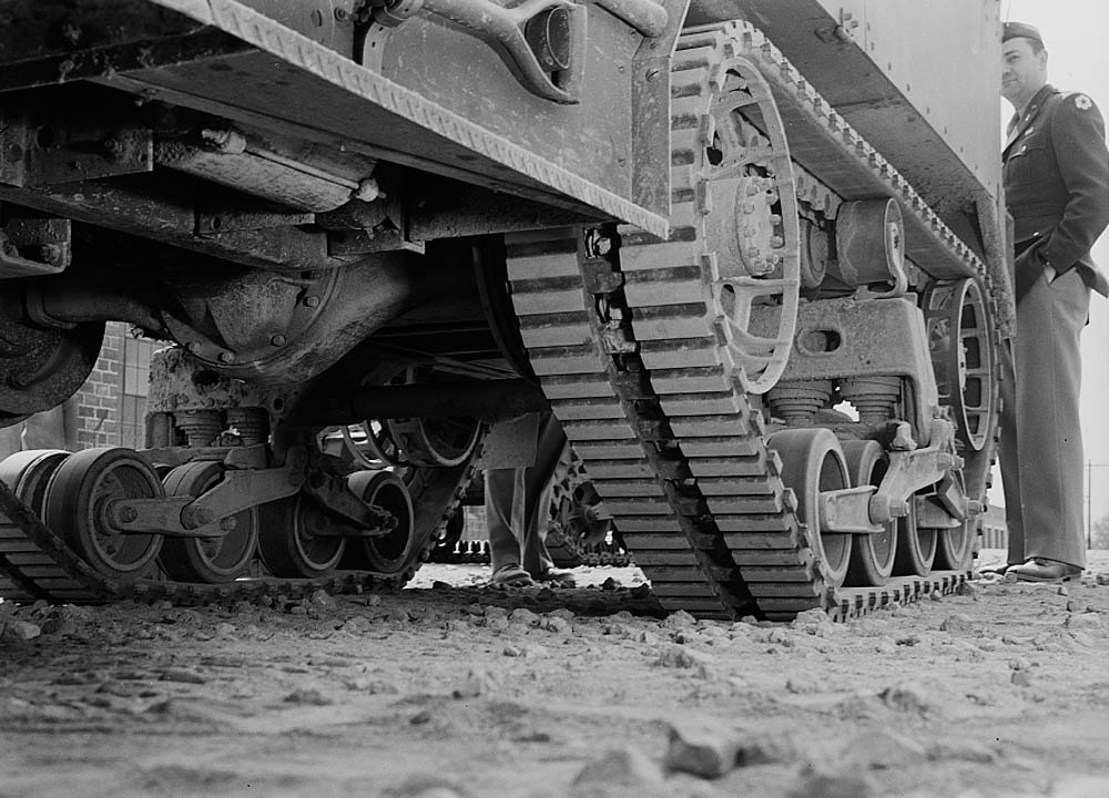 Closeup of halftrack suspensions and tracks at Holabird Ordnance Depot, Baltimore, Maryland. (Library of Congress.)