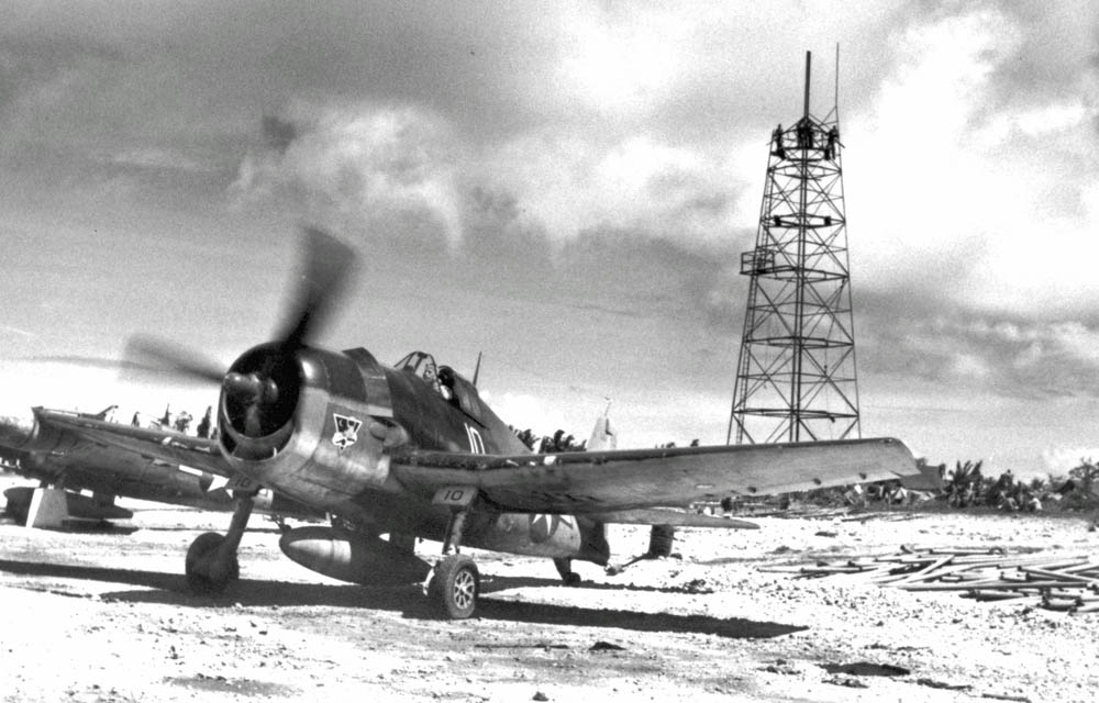 Marine F6F Hellcat night fighter parked on Orote Airfield on Guam, August 1944. (U.S. Marine Corps Photograph.)