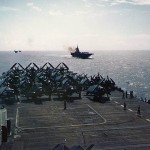 USS Hornet ahead of USS Bon Homme Richard during western Pacific gunnery practice, June 1945. (U.S. Navy Photograph.)