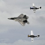 A F-22 Raptor leads a heritage flight at the Gulf Coast Salute open house and air show April 11, over Tyndall Air Force Base. The air show and open house featured the Air Force Thunderbirds, the F-22 Raptor demo team and the Army Golden Knights. (U.S. Air Force Photo by Senior Airman Alex Echols.)