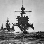 The battleship USS Pennsylvania (BB-38) leads a battleship and three cruisers into Lingayen Gulf preceding the landing on Luzon, Philippines, January 1945.