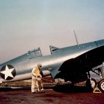 A U.S. Navy Vought F4U-1 Corsair photographed with a test pilot at the Vought factory in Stratford, Connecticut. (U.S. Navy Photograph.)