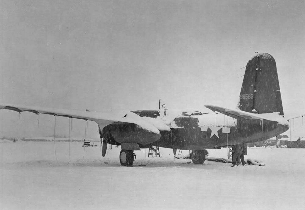 Douglas A-20 Havoc photographed during a snowstorm at Ladd Field, Alaska, February 1944. (U.S. Air Force Photograph.)