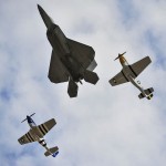 A F-22 Raptor leads a heritage flight at the Gulf Coast Salute open house and air show April 11, over Tyndall Air Force Base. The air show and open house featured the Air Force Thunderbirds, the F-22 Raptor demo team, and the Army Golden Knights.