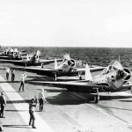 Douglas TBD-1 Devastator aircraft of torpedo squadron VT-3 line up on the flight deck of the U.S. Navy aircraft carrier USS Saratoga. (U.S. Navy Photograph.)