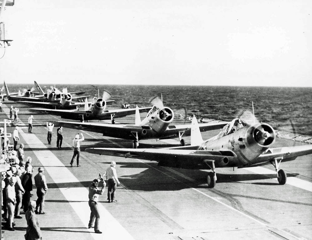 Douglas TBD-1 Devastator aircraft of torpedo squadron VT-3 line up on the flight deck of the U.S. Navy aircraft carrier USS Saratoga. (U.S. Navy Photograph.)