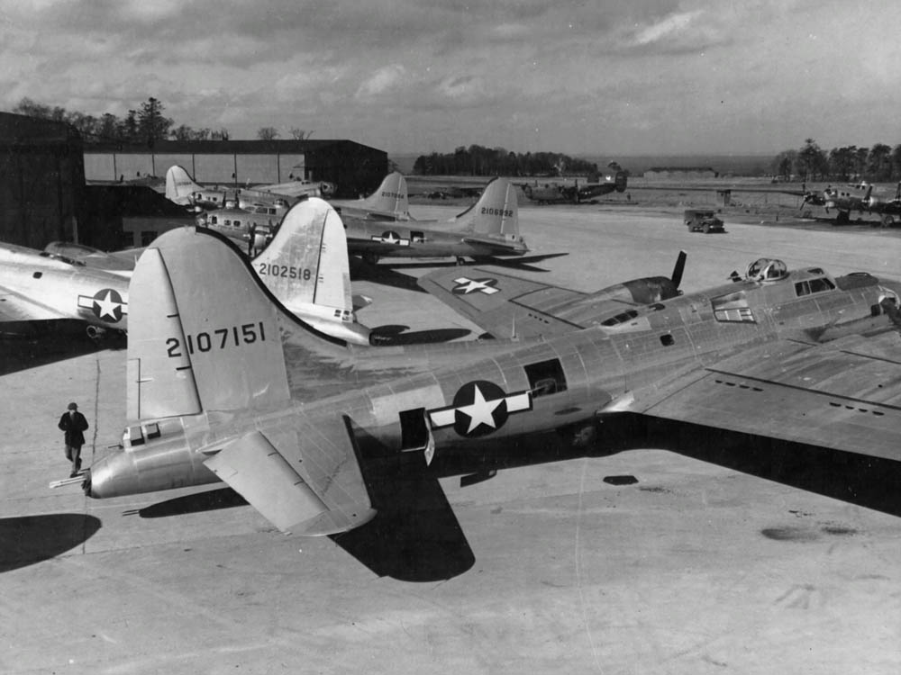 A collection of Boeing B-17 Flying Fortresses parked at the 3rd Base Air Depot, Langford Lodge, Northern Ireland awaiting transfer to bomber units in England, April 1944. (U.S. Air Force Photograph.)