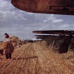 Farmers gather crops in England in the midst of dispersed B-17 Flying Fortresses of Eighth Air Force. (U.S. Air Force Photograph.)