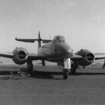 A British Meteor jet fighter photographed at an airfield in England, August 1945. (U.S. Air Force Photograph.)