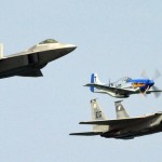 HERITAGE FLIGHT: An F-22A Raptor, a P-51 Mustang, and an F-15 Eagle fly in a heritage flight formation above Ft. Lauderdale, Fla., during the 2007 McDonald’s Air and Sea Show on May 6. The three jets represent three generations of the world’s most dominant fighter aircraft. (U.S. Air Force Photograph / Tech. Sgt. Paul Dean.)