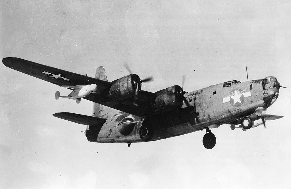 ASM-N-2 Bat radar-guided unpowered missile mounted under the wing of a PB4Y Privateer during development.