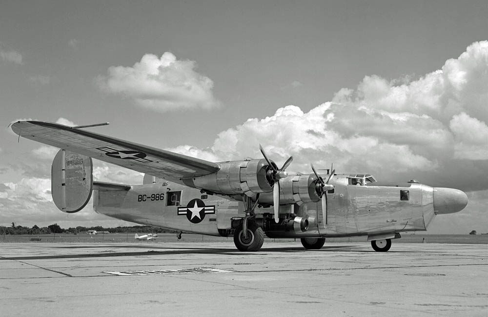 Research B-24 Liberator mounting W24-C engines and radar nose installation. (NASA Photograph.)