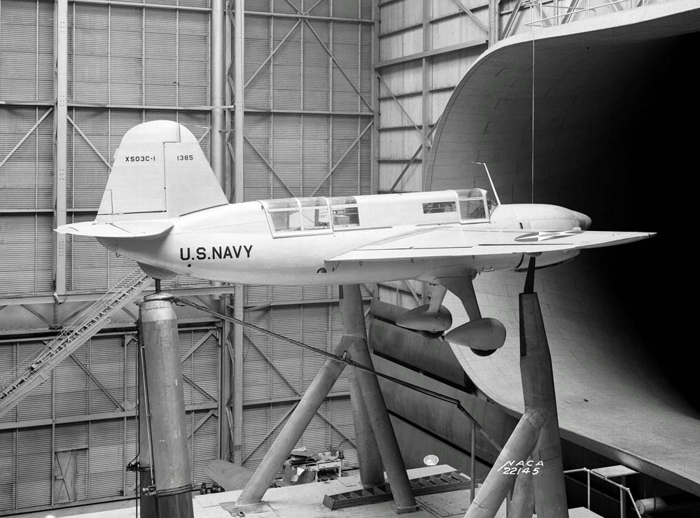A Curtiss XSO3C-1 Seamew scout floatplane in the large wind tunnel at the NACA Langley Research Center, Virginia, October 1940. (NASA Photograph.)