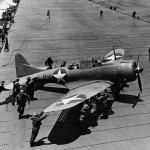 A Douglas SBD-3 Dauntless bomber on the flight deck of the aircraft carrier USS Hornet (CV-8) during the Battle of Midway, June 1942. (U.S. Navy Photograph.)