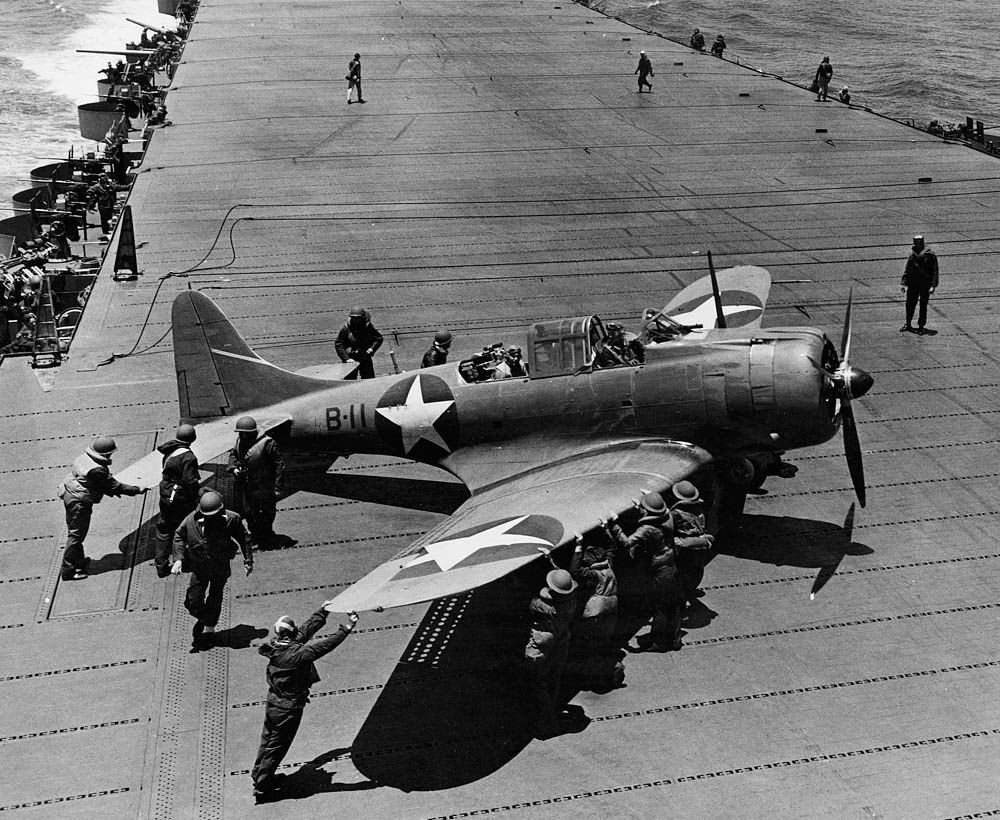 A Douglas SBD-3 Dauntless bomber on the flight deck of the aircraft carrier USS Hornet (CV-8) during the Battle of Midway, June 1942. (U.S. Navy Photograph.)