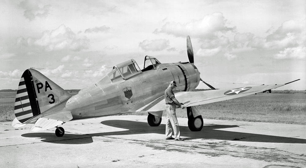 A Seversky P-35 used for NACA research at the Langley Aeronautical Laboratory at Hampton, Virginia, August 1939. (NASA Langley Research Center Photograph.)