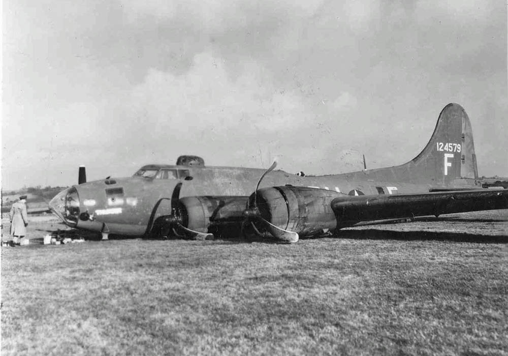 The Boeing B-17F Flying Fortress Thumper of the 360th Bomb Squadron, 303rd Bomb Group photographed after a belly landing in January 1943. (U.S. Air Force Photograph.)