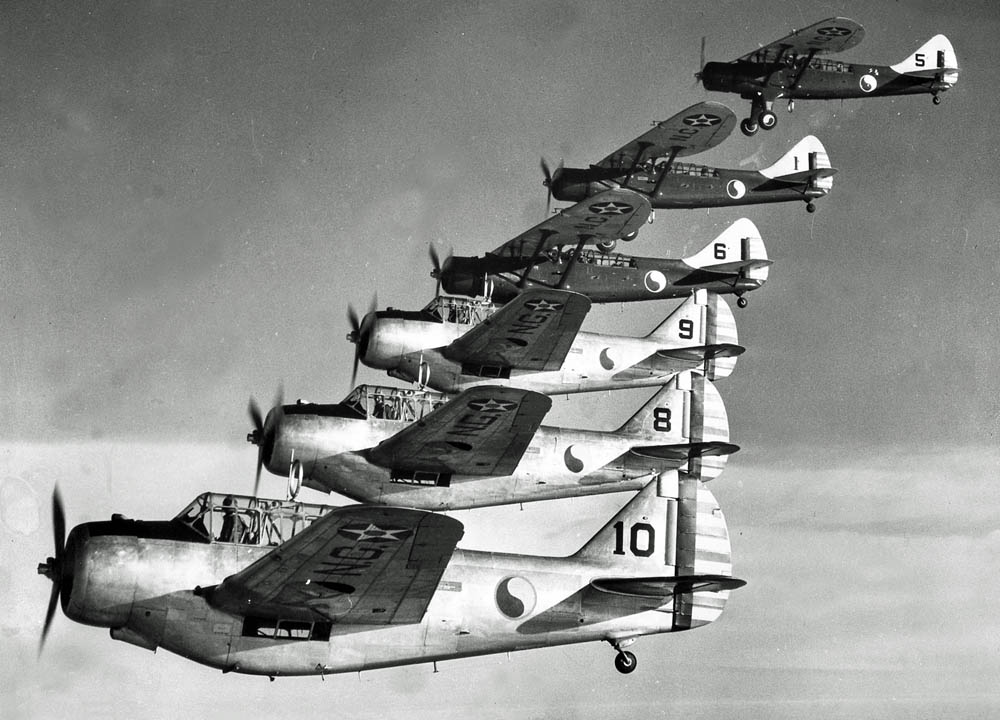 Training flight of Douglas O-46A and North American O-47 aircraft assigned to the 104th Observation Squadron of the Maryland National Guard, March 1940. (U.S. Air Force Photograph.)