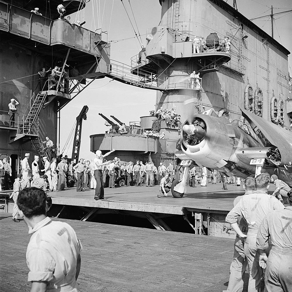 A Grumman F6F-3 Hellcat fighter aboard the aircraft carrier USS Saratoga (CV-3) in November 1943. (U.S. Navy Photograph.)