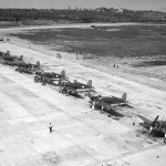 Newly manufacturer Goodyear FG-1A Corsair fighters await delivery at the Goodyear Aerospace Corporation in Akron, Ohio. (U.S. Navy Photograph.)