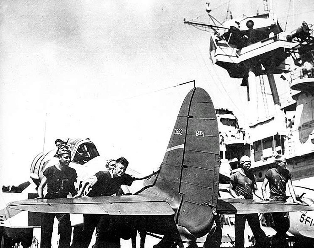 A Northrop BT-1 dive bomber of Bombing Squadron Five (VB-5) photographed on the flight deck of the USS Yorktown (CV-5). (U.S. Navy Photograph.)