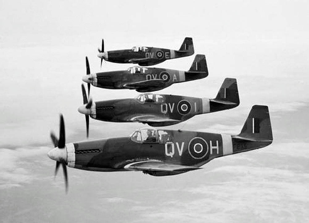 A formation of Royal Air Force North American Mustang Mark IIIs of No. 19 Squadron RAF flying over the U.K. in April 1944. (Imperial War Museum Photograph.)