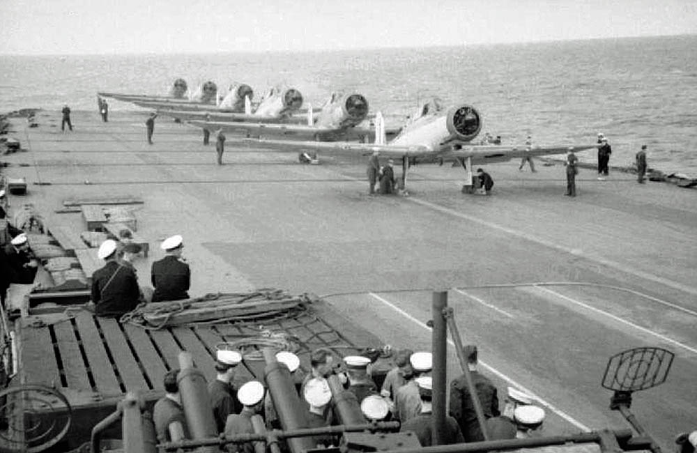 Royal Navy Blackburn Skuas of the No. 800 Squadron Fleet Air Arm photographed on the flight deck of the HMS Ark Royal.