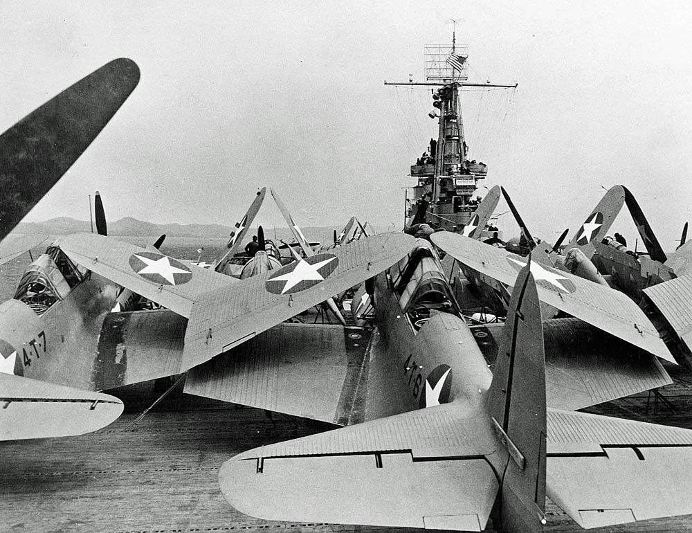 Douglas TBD-1 Devastators of torpedo squadron VT-4 on the flight deck of the U.S. Navy aircraft carrier USS Ranger (CV-4) while anchored in Cuba in 1942. (U.S. Navy Photographs.)