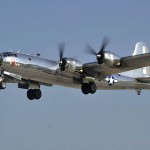 The B-29 Superfortress known as "Doc" flies over McConnell Air Force Base, Kansas on July 17, 2016. This was the B-29 aircraft's first flight after being used by the U.S. Navy as a target for training in the Mojave Desert for over forty years.