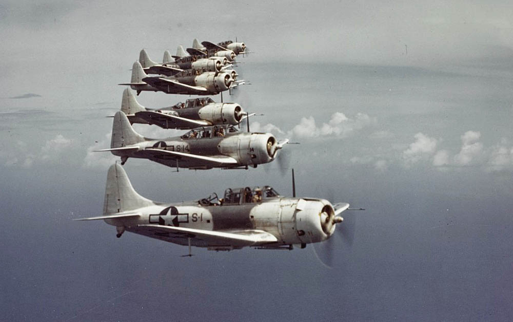 A formation of Douglas SBD-5 Dauntless dive bombers fly over the Caribbean in 1944 or 1945. (Official U.S. Navy Photograph, U.S. National Archives.)