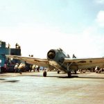 Color photograph of a U.S. Navy Grumman TBF-1 Avenger torpedo bomber waiting to takeoff from the flight deck of the Essex-class aircraft carrier USS Yorktown (CV-10) in 1943. (Official U.S. Navy Photograph.)