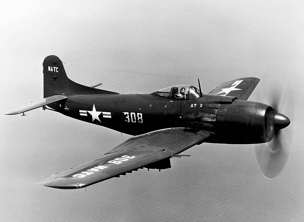 A U.S. Navy Martin AM-1 Mauler in flight at the Naval Air Test Center (NATC) at Naval Air Station Patuxent River, Maryland. (U.S. Navy Photograph.)