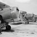 A row of Curtiss SBC Helldiver dive bombers being used for training at the U.S. Navy Naval Air Station Corpus Christi in August 1942. (U.S. Library of Congress Photograph.)