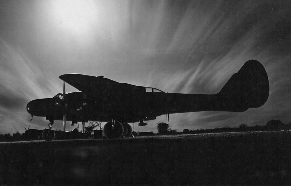 Somewhere in the Pacific, a P-61 Black Widow night fighter awaits the arrival of its crew and the start of the nightly mission. (U.S. Air Force Photograph.)