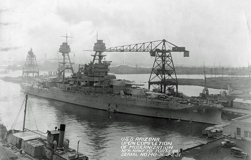 Starboard view of U.S. Navy battleship USS Arizona after completion of modernization in the Norfolk Naval Shipyard in Portsmouth, Virginia in 1931. (U.S. Navy Photograph.)