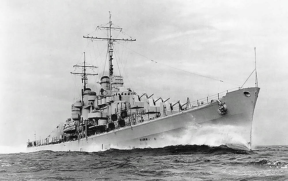 The U.S. Navy light cruiser USS Atlanta (CL 51) steaming at high speed during her sea trials, circa November 1941. (U.S. Navy Photograph.)