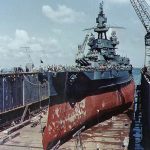 The U.S. Navy battleship USS Pennsylvania (BB-38) photographed docked in an Advanced Base Sectional Dock (ABSD) in the Pacific during 1944. (Official U.S. Navy Photograph.)