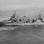 USS San Francisco (CA-38), a heavy cruiser of the U.S. Navy, underway at sea in April 1944 near Majuro Atoll. (Official U.S. Navy Photograph.)