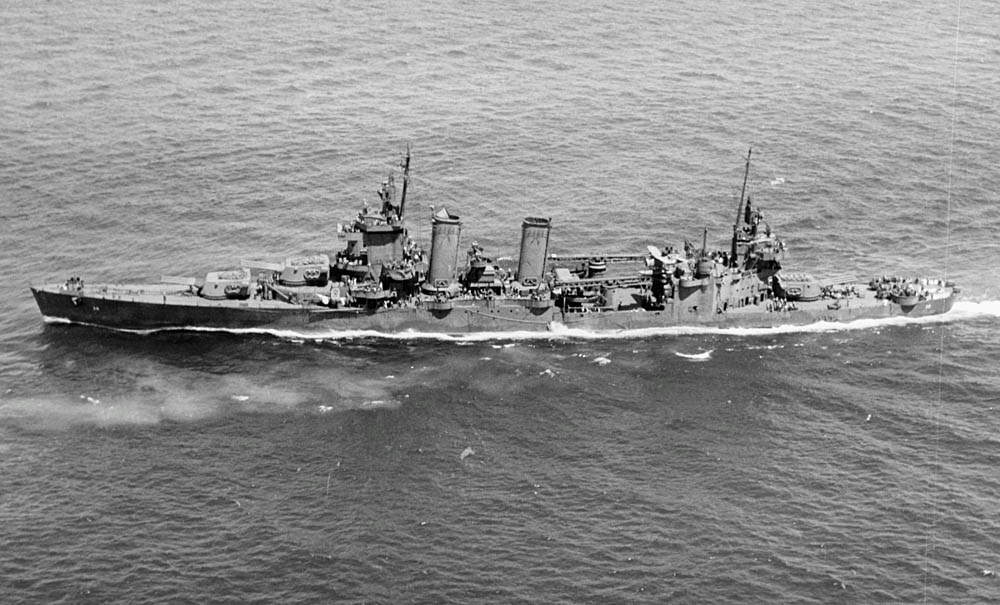 USS San Francisco (CA-38), a heavy cruiser of the U.S. Navy, underway at sea in April 1944 near Majuro Atoll. (Official U.S. Navy Photograph.)