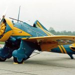 A Boeing P-26A Peashooter reproduction photographed at the National Museum of the United States Air Force in Dayton, Ohio. The P-26A reproduction is painted to represent the commander's aircraft of the 19th Pursuit Squadron, 18th Pursuit Group stationed at Wheeler Field, Hawaii in 1938. (U.S. Air Force Photograph.)