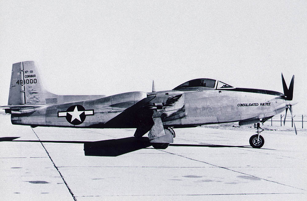 The Consolidated Vultee XP-81, which combined both turbojet and turboprop engines, photographed in 1945 at Edwards AFB. (U.S. Air Force Photograph.)