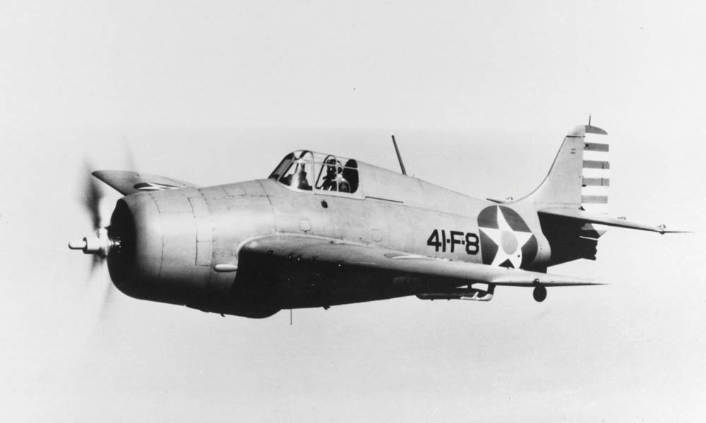 A Grumman F4F-4 Wildcat fighter of Fighting Squadron 41 (VF-41) photographed in flight in 1942. (Official U.S. Navy Photograph.)