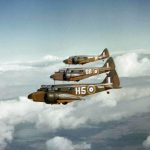 A formation of Royal Air Force Airspeed Oxford Mark I aircraft serving with No. 6 Flying Training School at Little Rissington, Gloucestershire photographed in flight in 1942. (Imperial War Museum Photograph.)