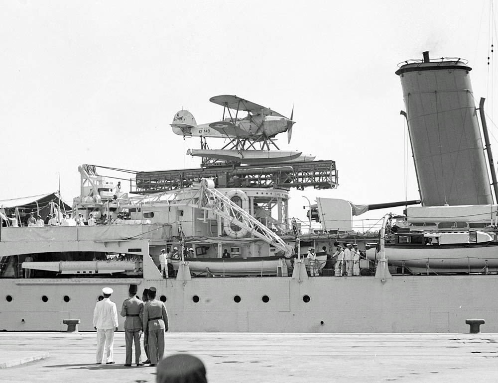 A Hawker Osprey -- the naval version of the Hawker Hart -- aboard the British light cruiser HMS Enterprise in Haifa. (United States Library of Congress Photograph.)