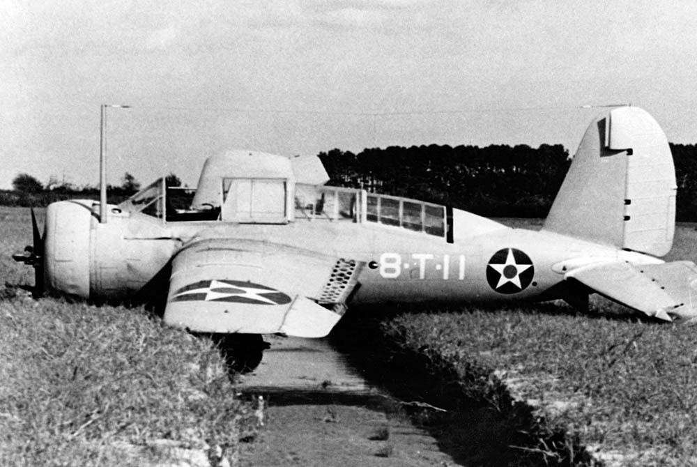 A Naval Aircraft Factory SBN-1 from U.S. Navy Torpedo Squadron Eight (VT-8) after performing a forced landing at Naval Air Station Hampton Roads, Virginia (USA) in September 1941. (U.S. Navy Photograph.)